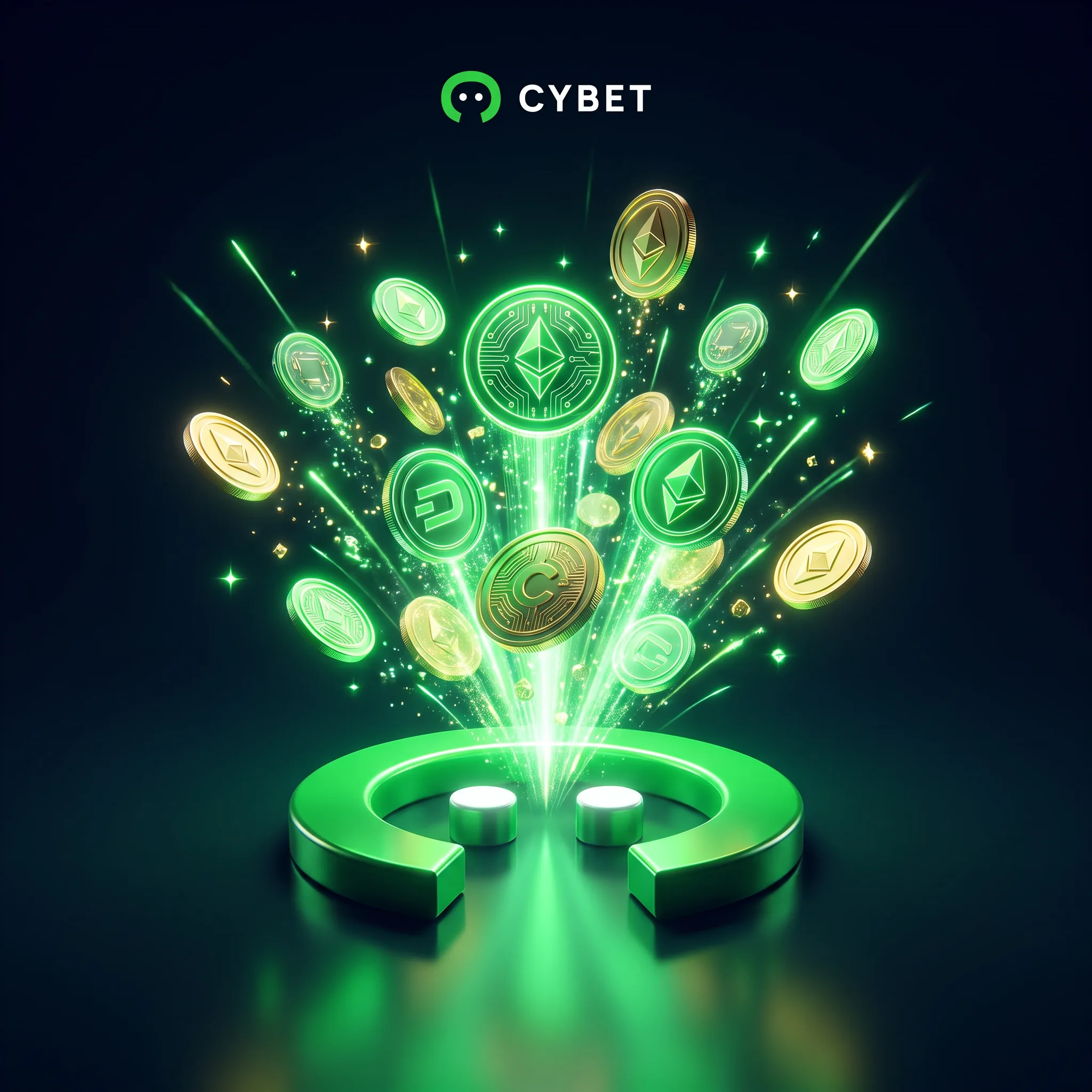 Crypto coins rising from a green Cybet welcome bonus portal
